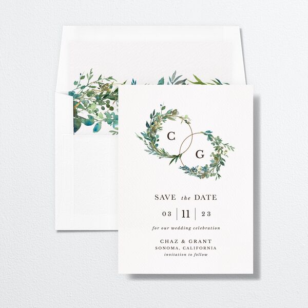 Leafy Hoops Save The Date Cards envelope-and-liner in Green