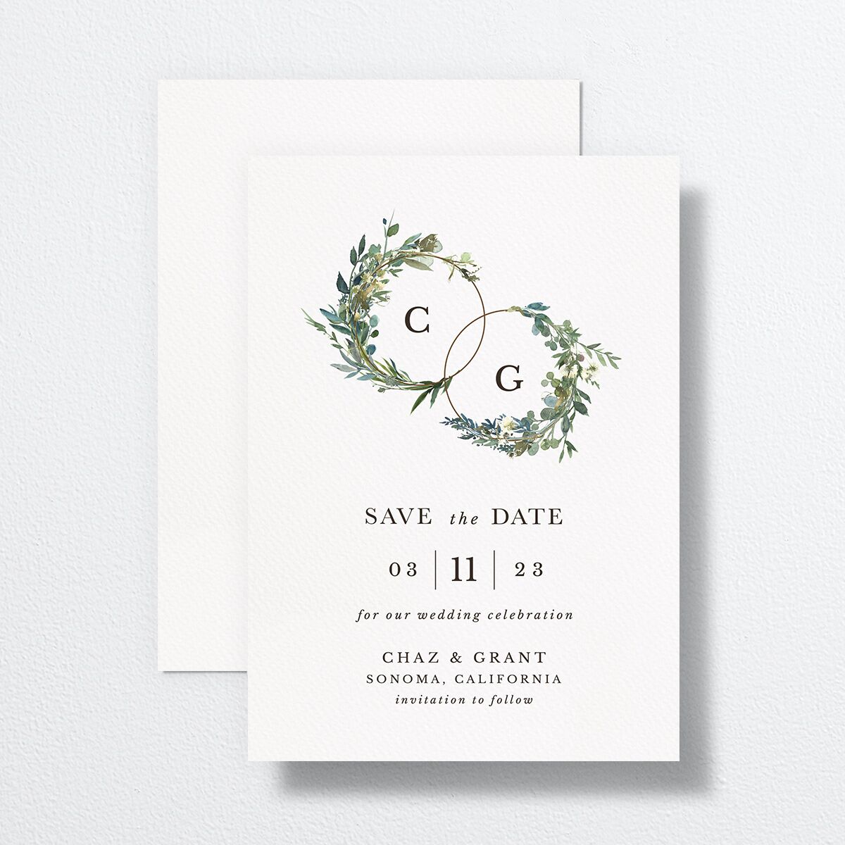 Leafy Hoops Save The Date Cards front-and-back in Green