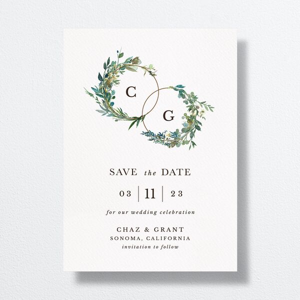 Leafy Hoops Save The Date Cards front in Green