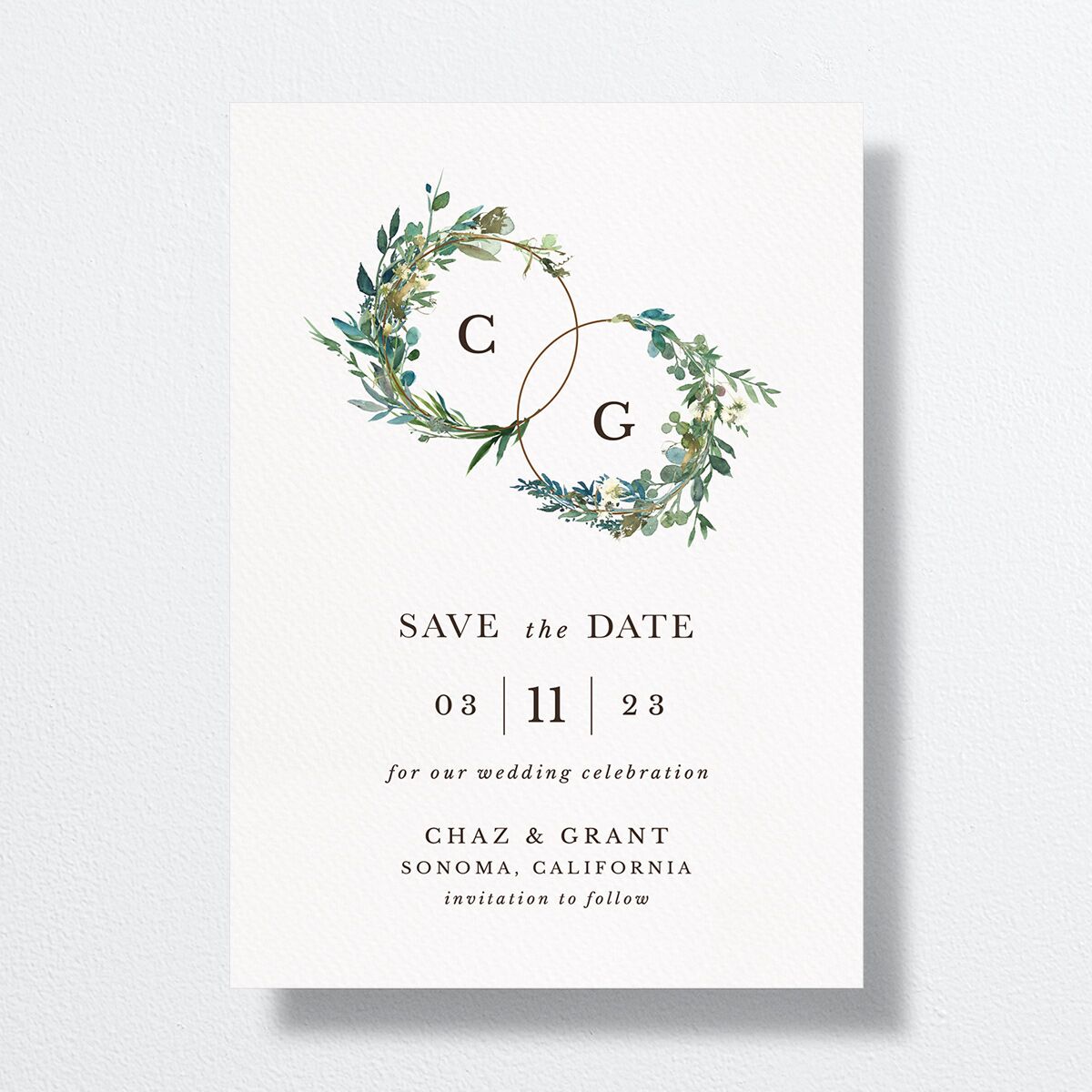 Leafy Hoops Save The Date Cards front