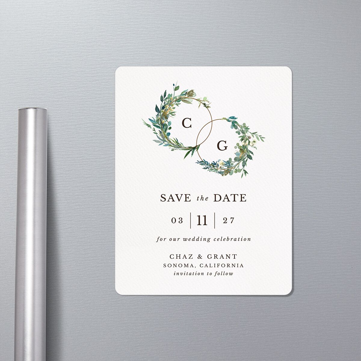 Leafy Hoops Save The Date Magnets in-situ in Green