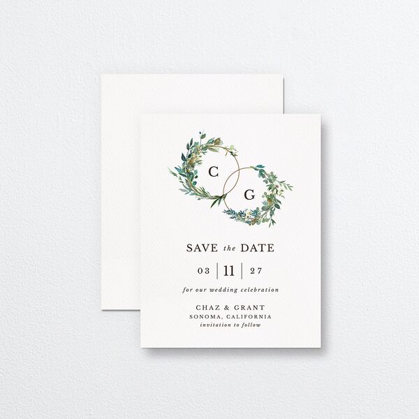 Leafy Hoops Save the Date Petite Cards front-and-back in Green