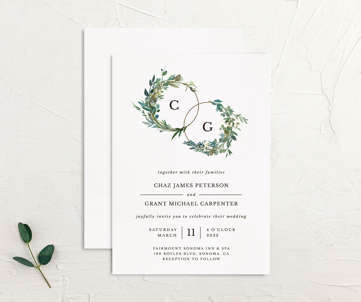 Floral Circles Wedding Invitations front-and-back in white