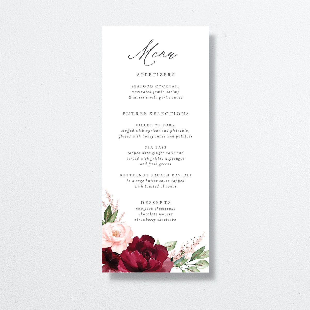 Beloved Floral Foil Menus Rose Gold Dark Berry Signature