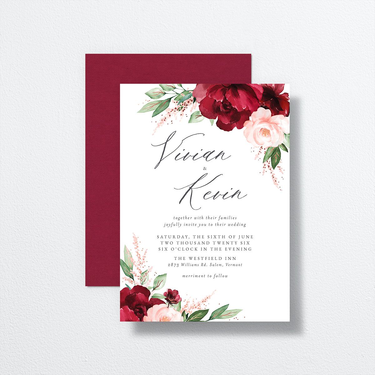 Beloved Floral Foil Wedding Invitations front-and-back in red
