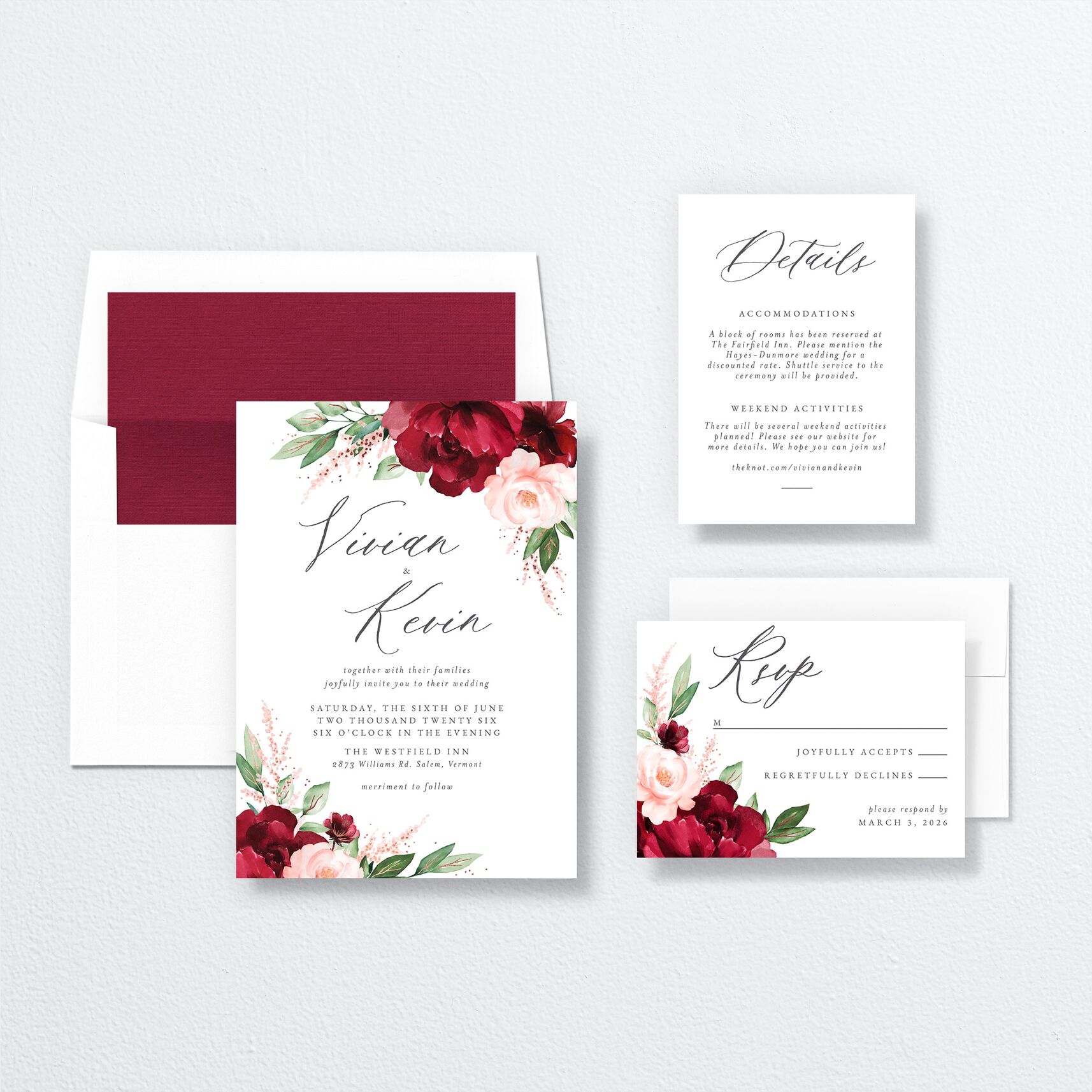 Beloved Floral Foil Wedding Invitations suite in red