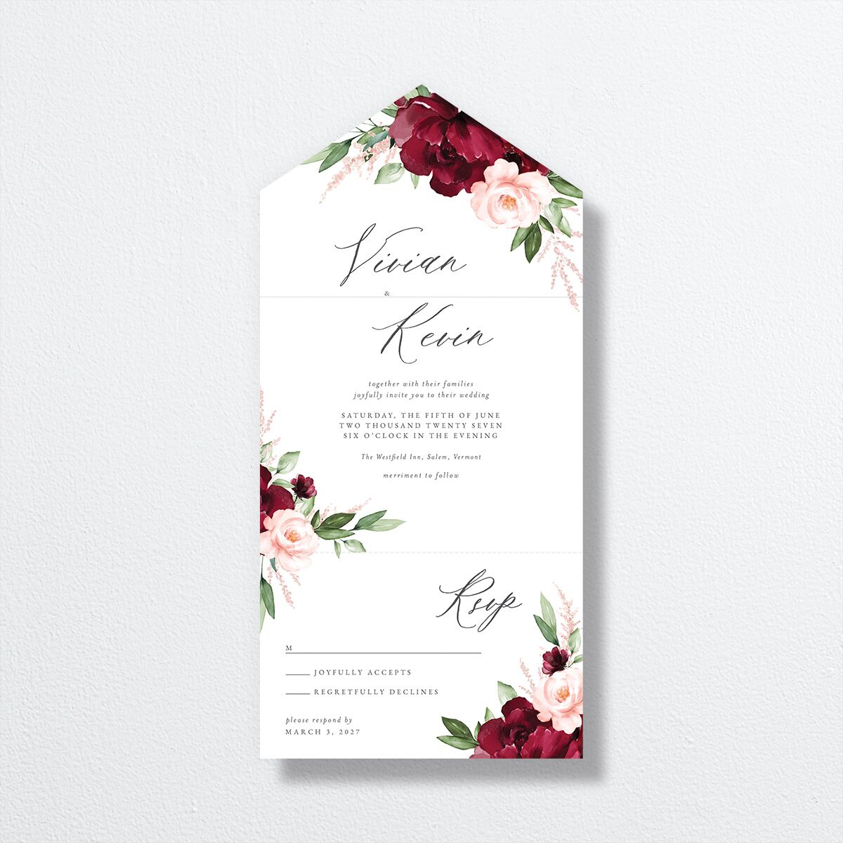 Beloved Floral All-in-One Wedding Invitations front in Red