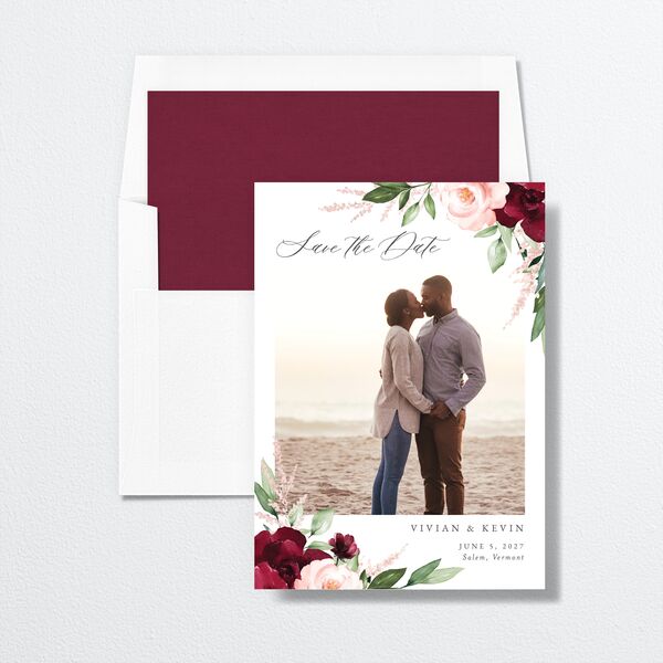 Beloved Floral Save The Date Cards Dark Berry Signature smooth No Standard