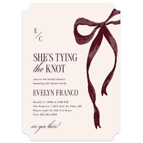 Whimsical Hand Drawn Bow Bridal Shower Invitations Burgundy Signature Blank Ticket
