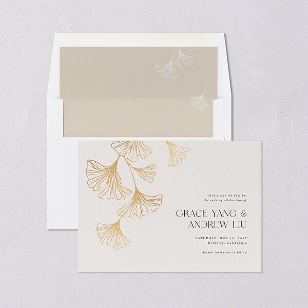 Ginkgo Leaves Save the Date Cards Gold Champagne Signature smooth Blank No Standard