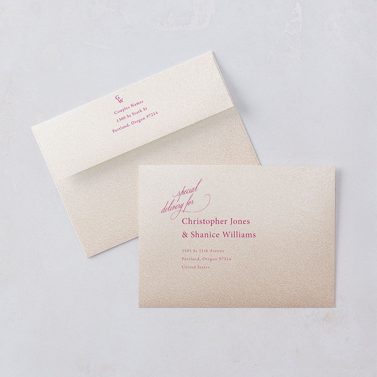 Stay For The Party Rehearsal Dinner Invitation Envelopes Hot Pink White Both Recipient and Return Addresses Signature