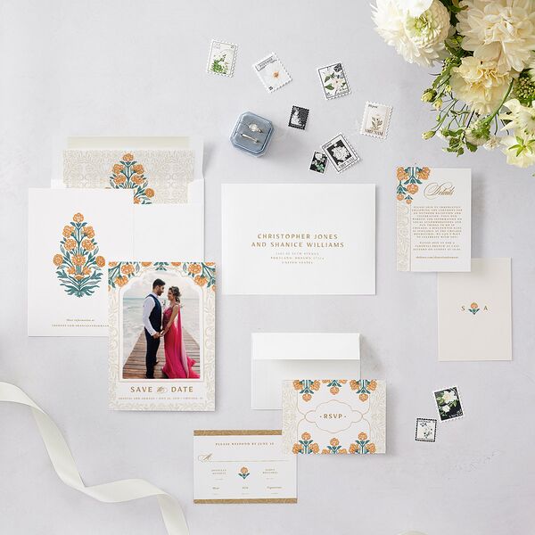 Indian Botanical Blooms Save The Date Cards Daffodil Signature smooth Blank No Standard