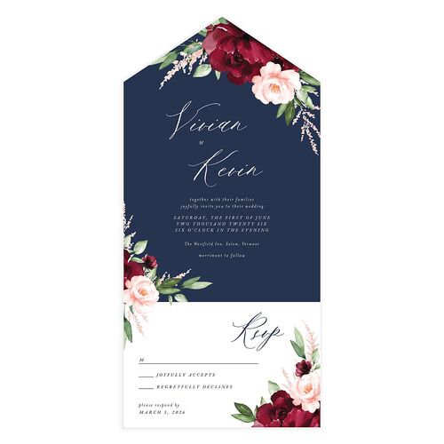 Beloved Floral All-in-One Wedding Invitations Navy Signature Light Both Recipient and Return Addresses No