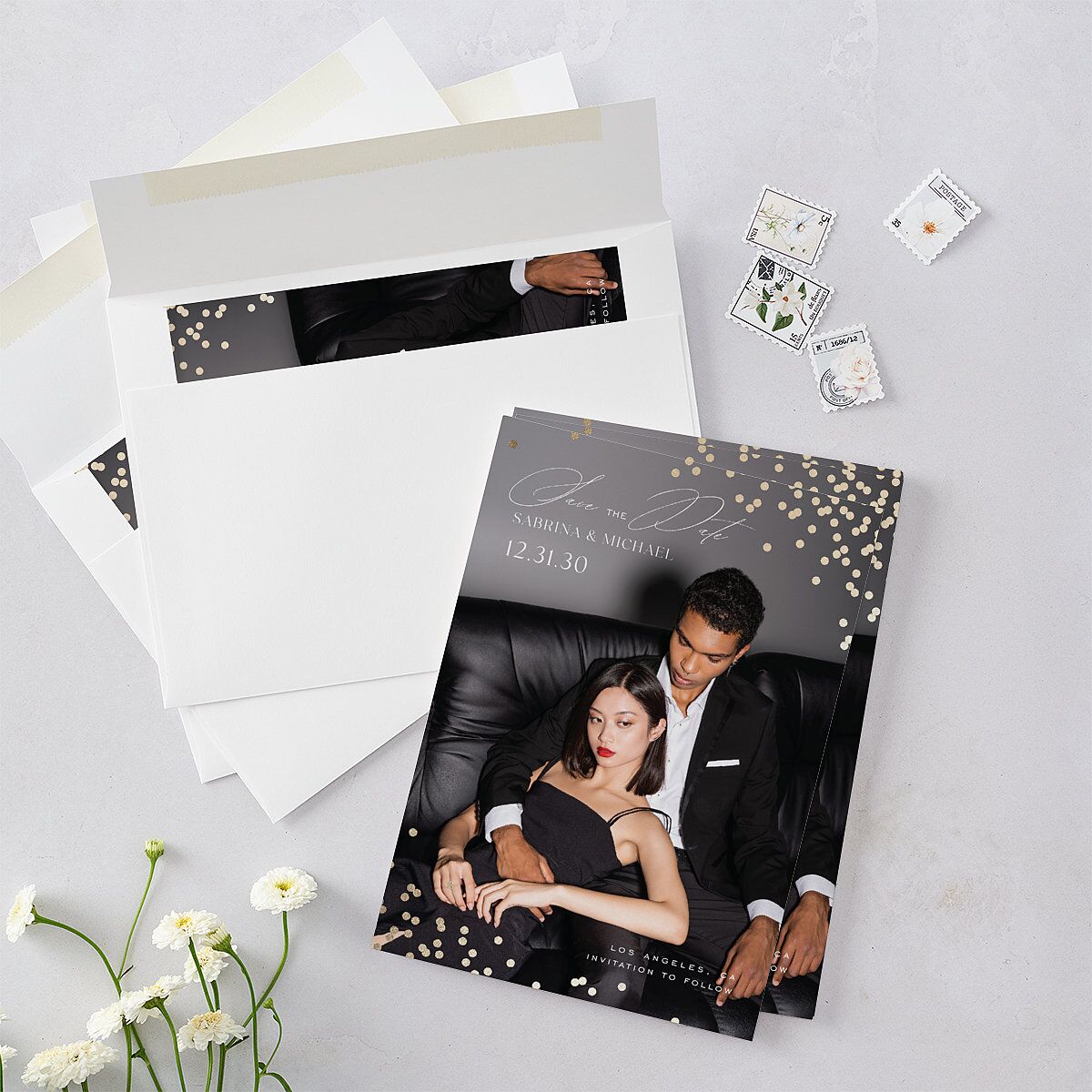 Confetti Glam Save the Date Cards Gold Licorice Signature smooth Blank No