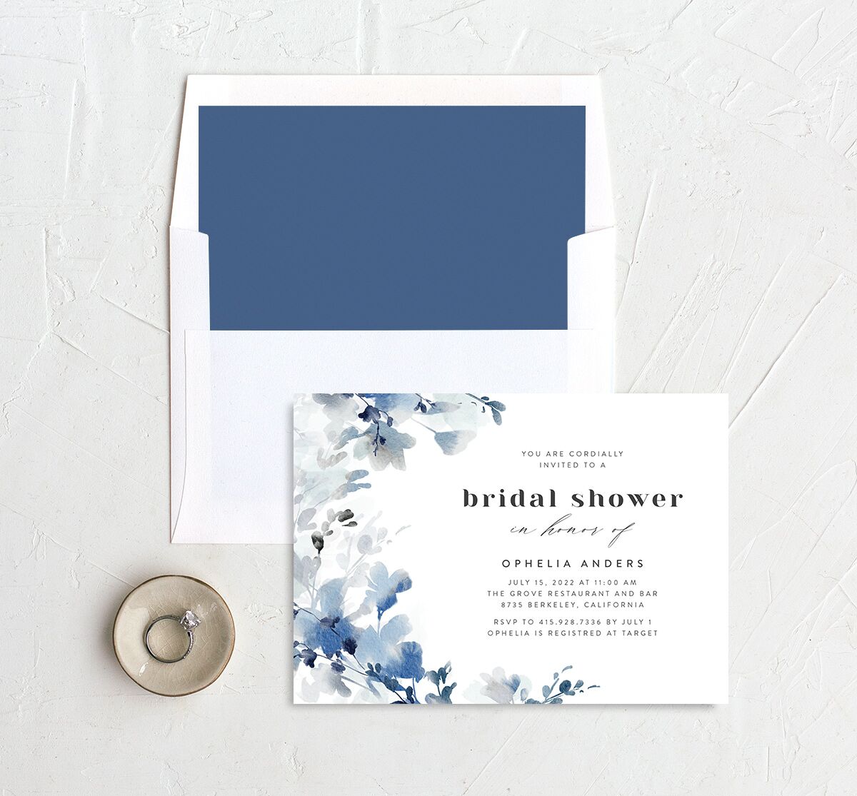 Watercolor Blooms Bridal Shower Invitations envelope-and-liner in blue