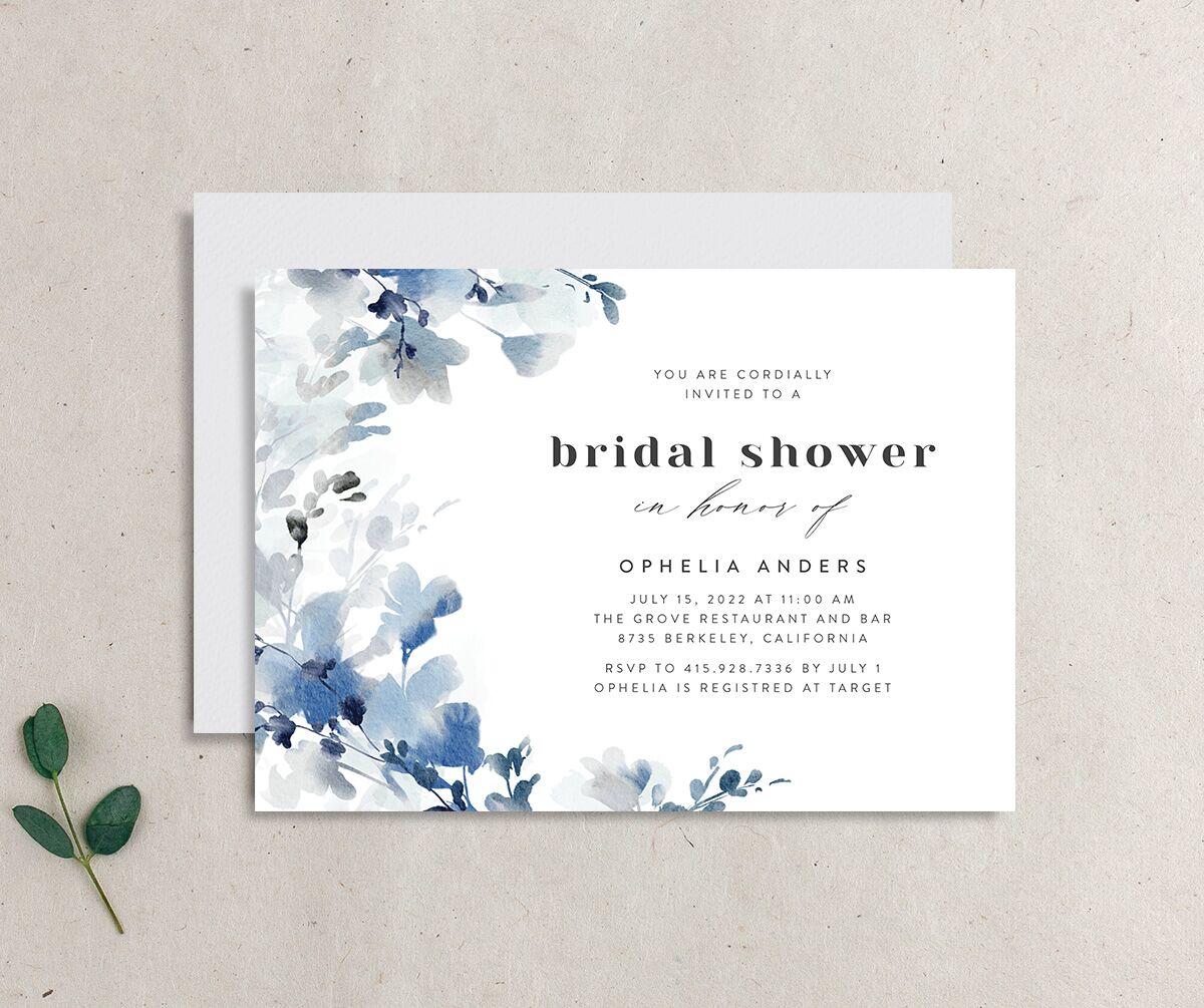 Watercolor Blooms Bridal Shower Invitations front-and-back in blue