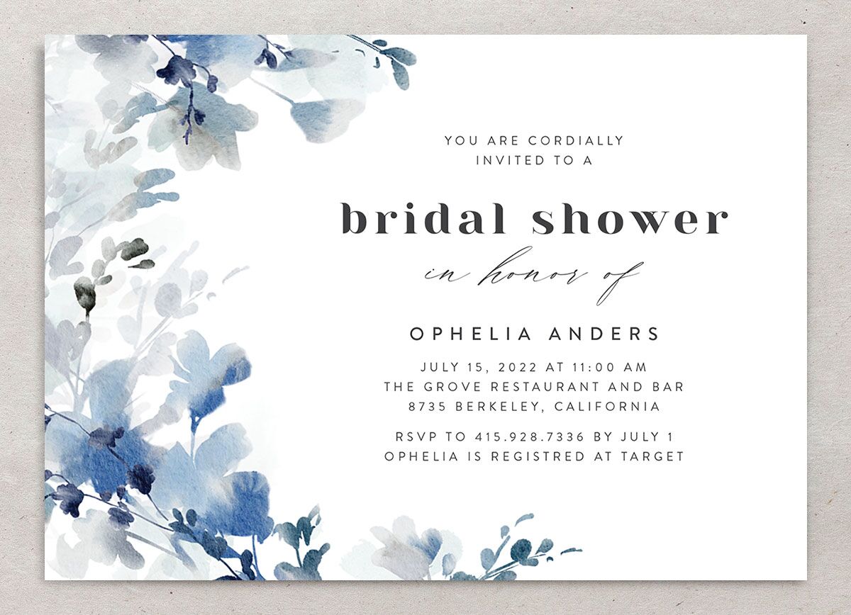 Watercolor Blooms Bridal Shower Invitations front in blue
