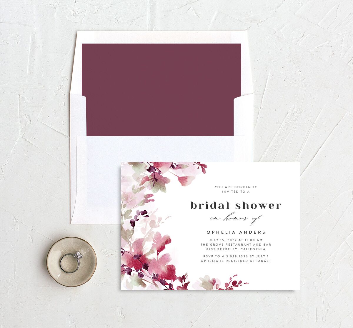 Watercolor Blooms Bridal Shower Invitations envelope-and-liner in burgundy