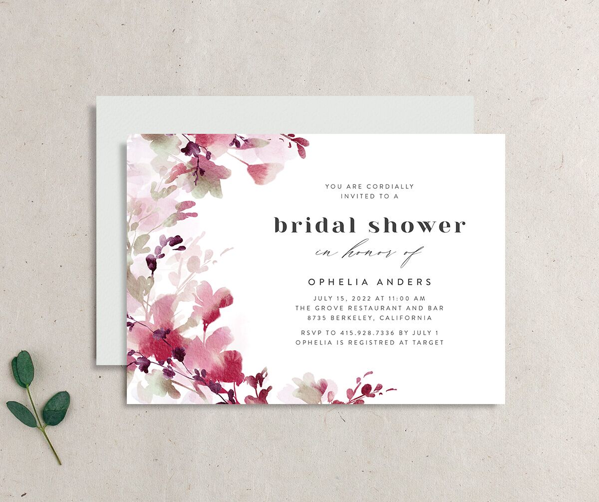 Watercolor Blooms Bridal Shower Invitations front-and-back in burgundy