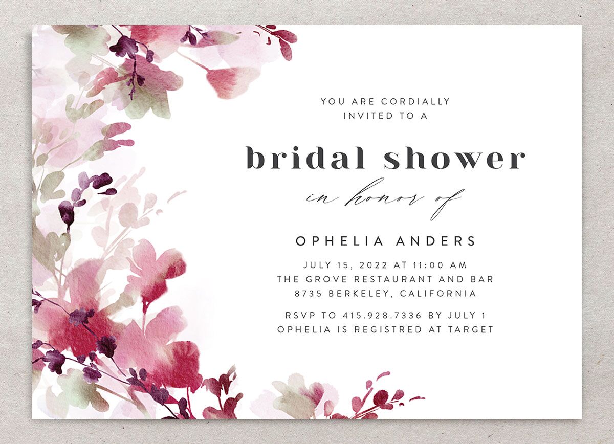 Watercolor Blooms Bridal Shower Invitations front in burgundy