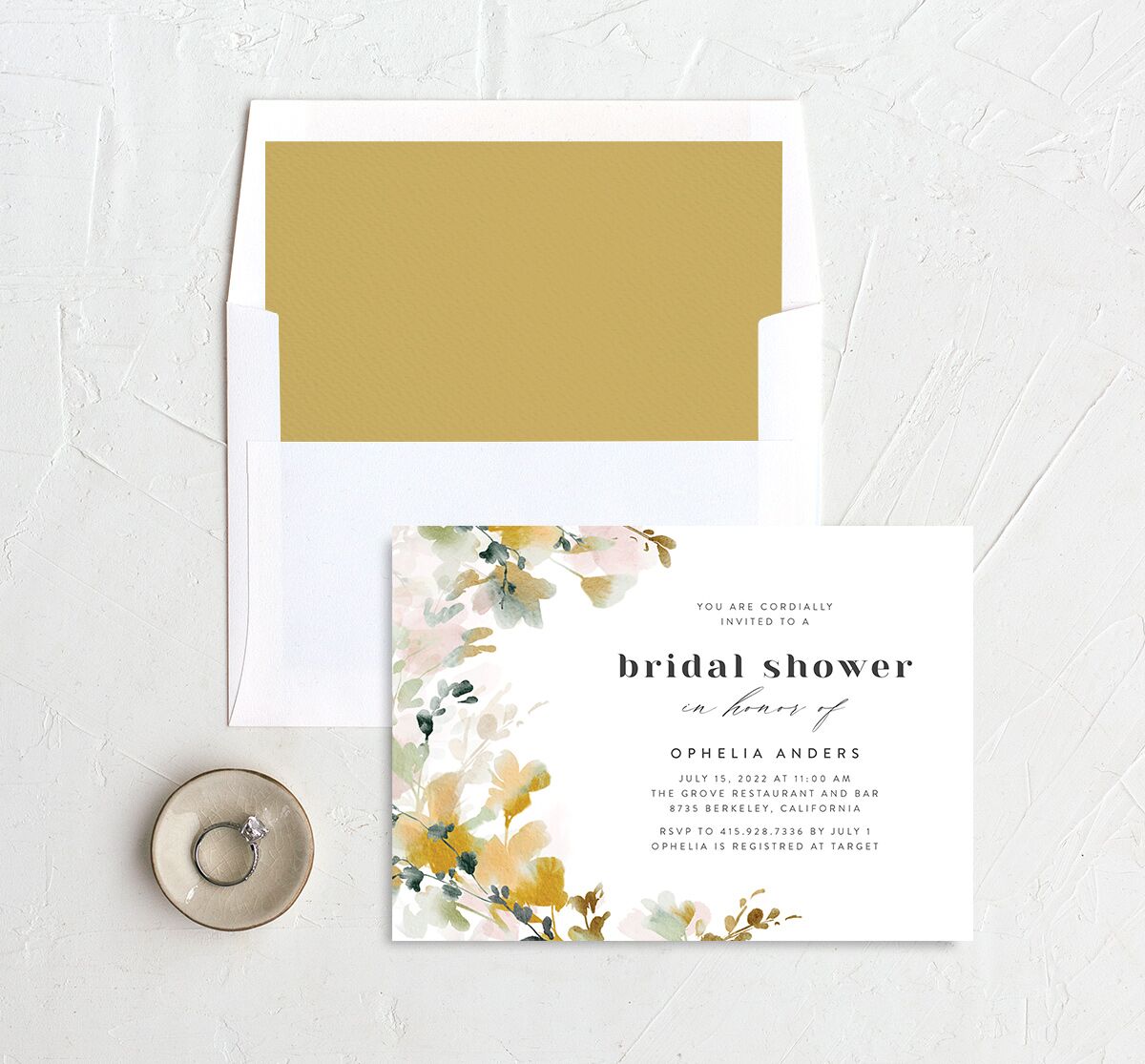 Watercolor Blooms Bridal Shower Invitations envelope-and-liner in gold
