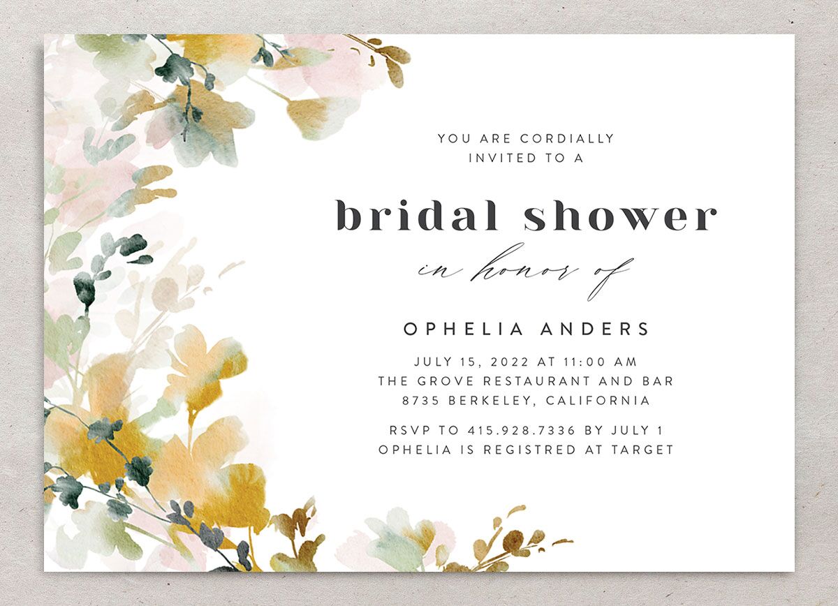 Watercolor Blooms Bridal Shower Invitations front in gold