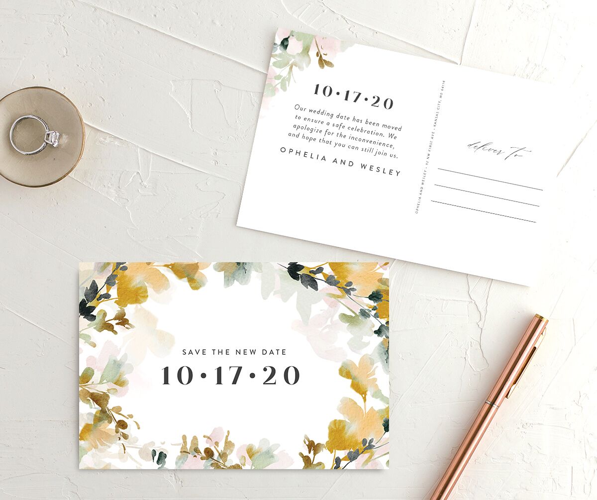 Watercolor Blooms Change the Date Postcards front-and-back