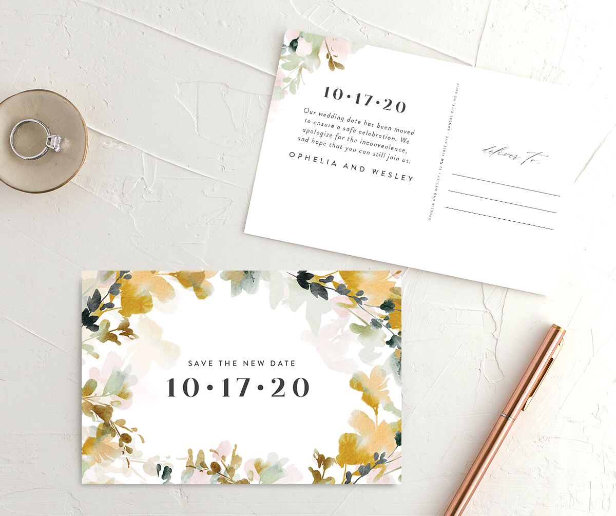Watercolor Blooms Change the Date Postcards front-and-back in gold