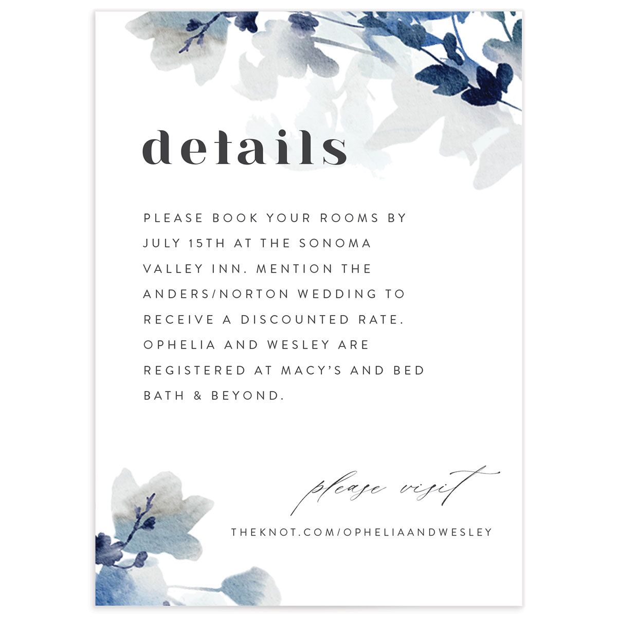 Watercolor Blooms Wedding Enclosure Cards front in blue