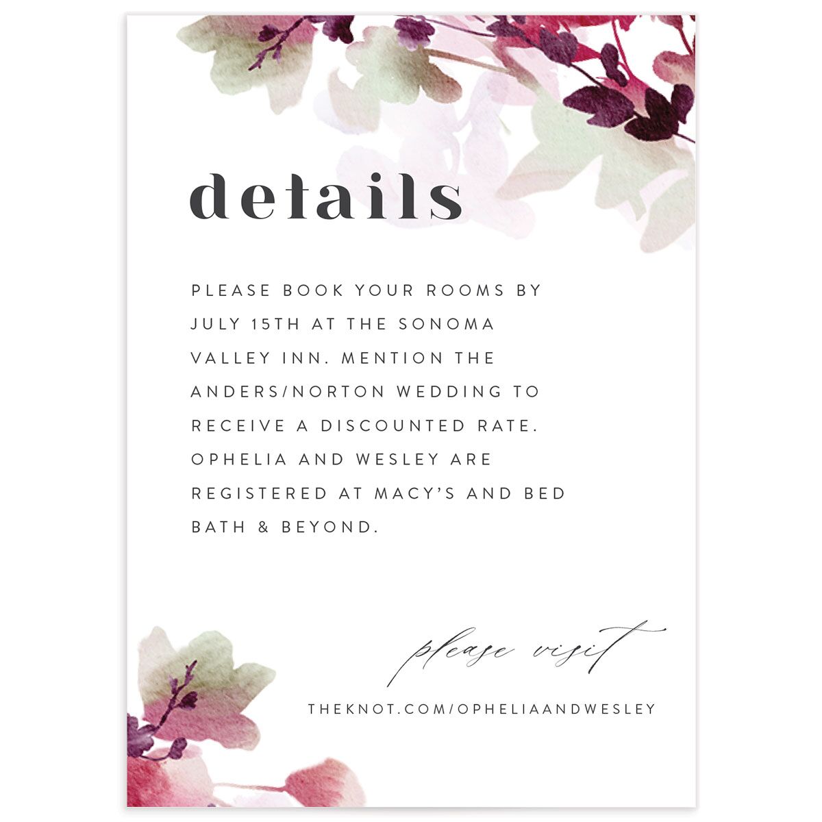 Watercolor Blooms Wedding Enclosure Cards front in burgundy