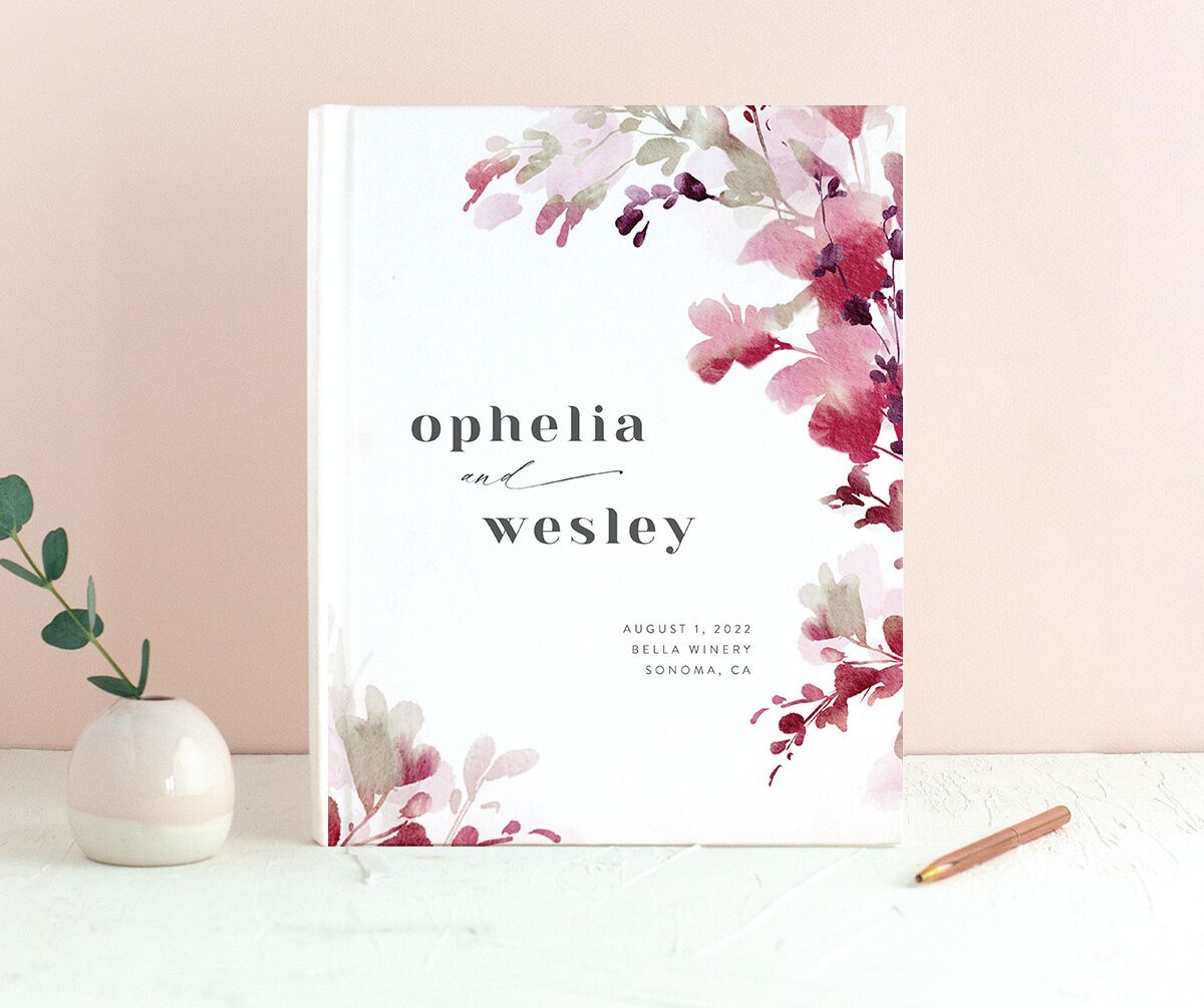 Watercolor Blooms Wedding Guest Book front in burgundy