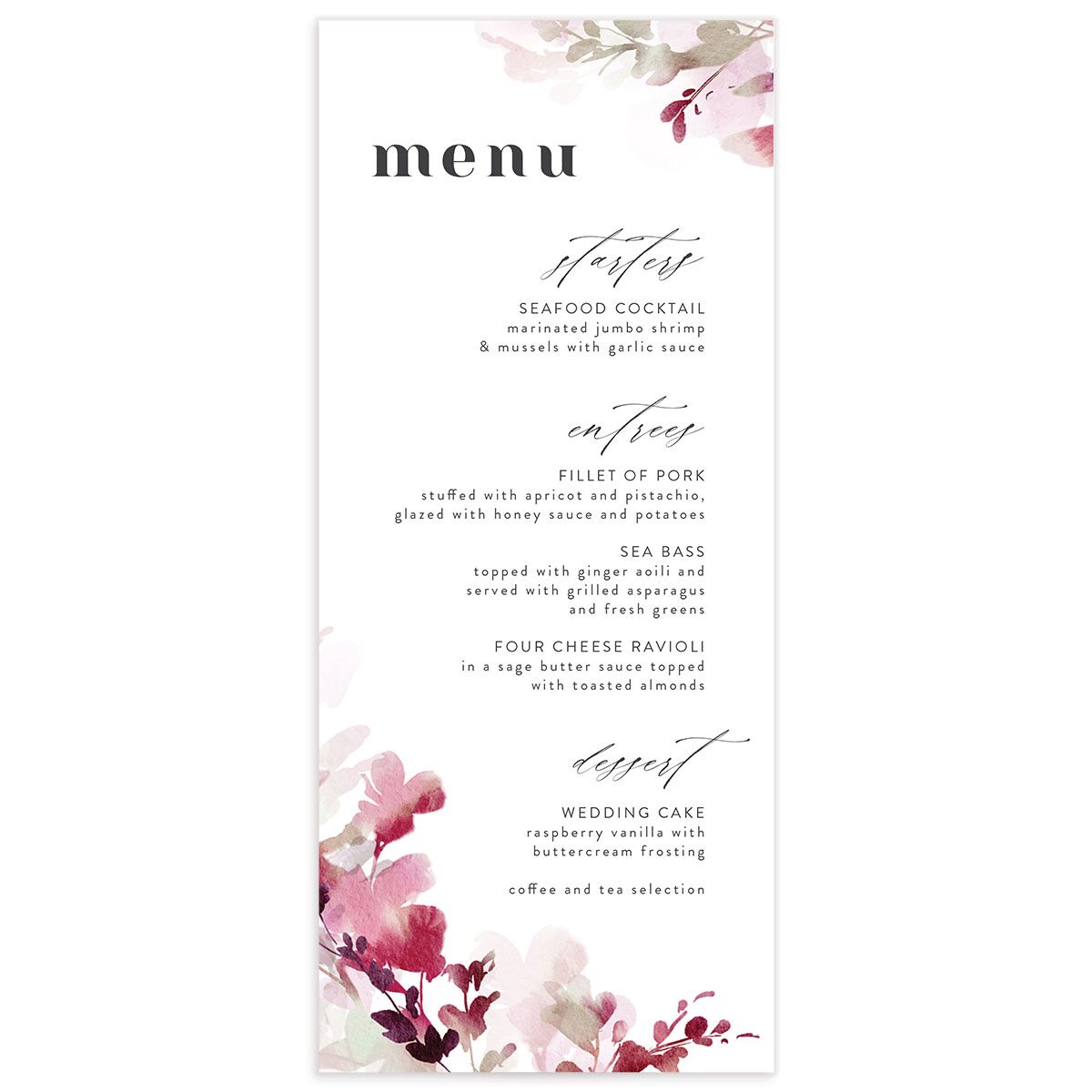 Watercolor Blooms Menus
