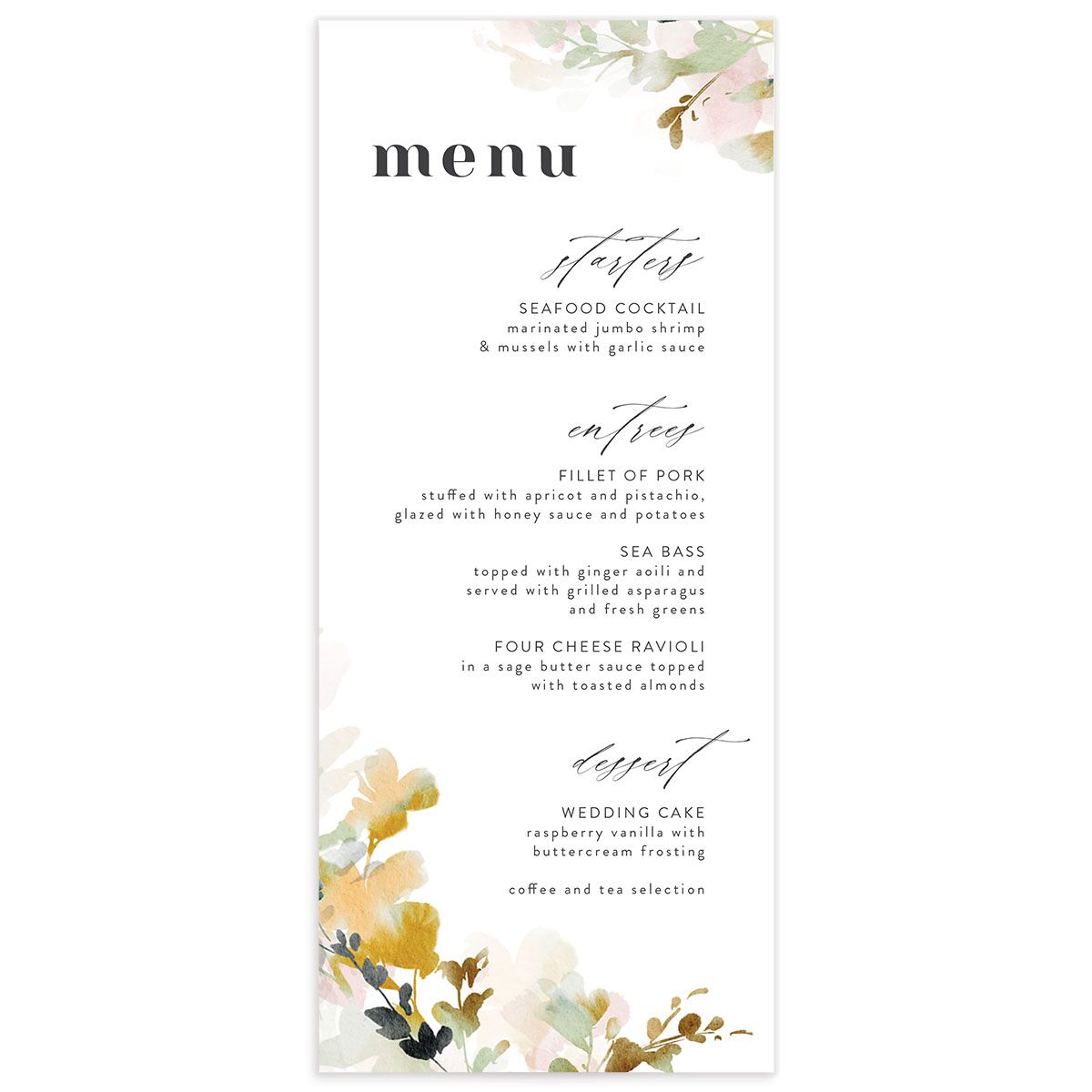 Watercolor Blooms Menus