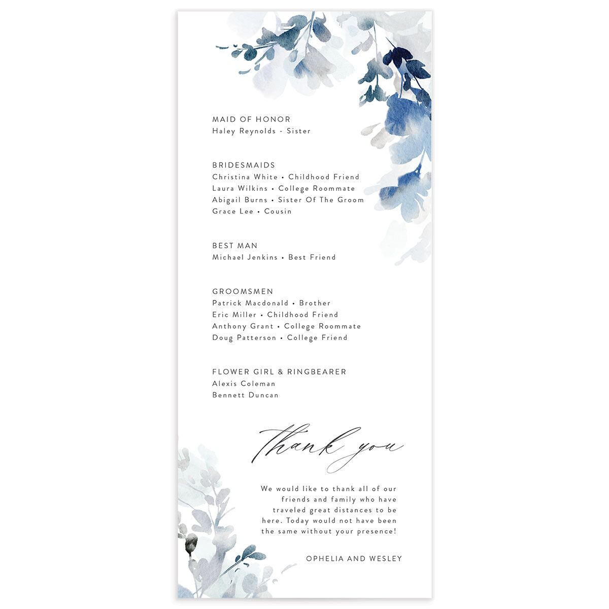 Watercolor Blooms Wedding Programs back in blue