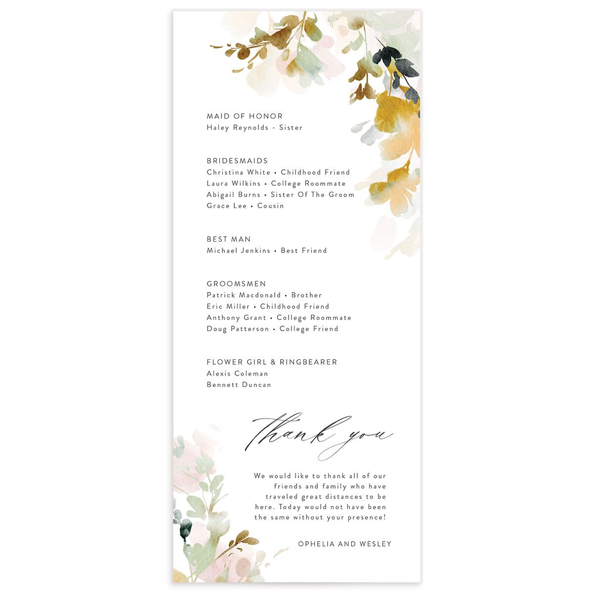 Watercolor Blooms Wedding Programs back