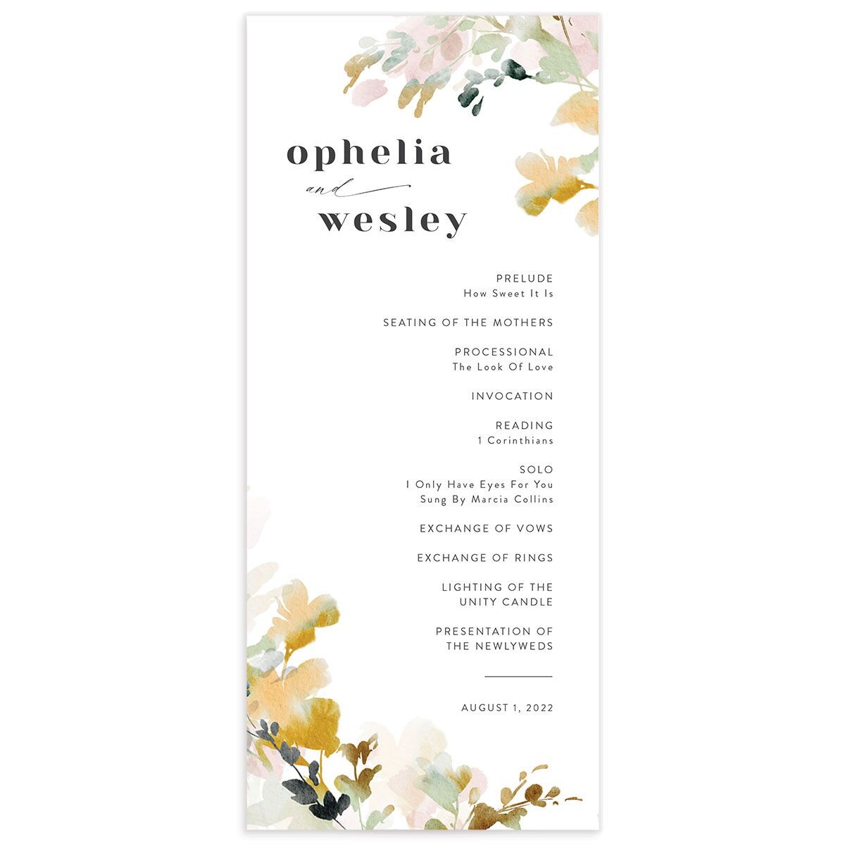 Watercolor Blooms Wedding Programs front in gold
