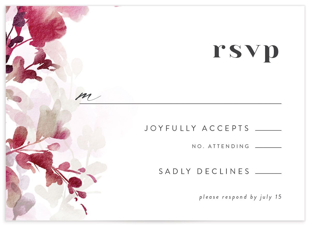 Watercolor Blooms Wedding Response Cards front in burgundy