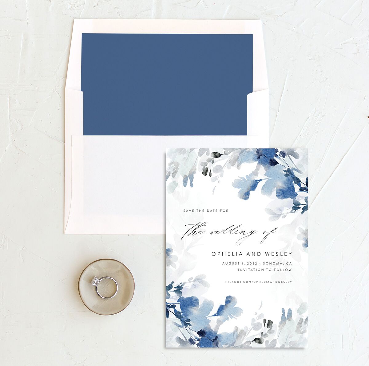 Watercolor Blooms Save The Date Cards envelope-and-liner in blue