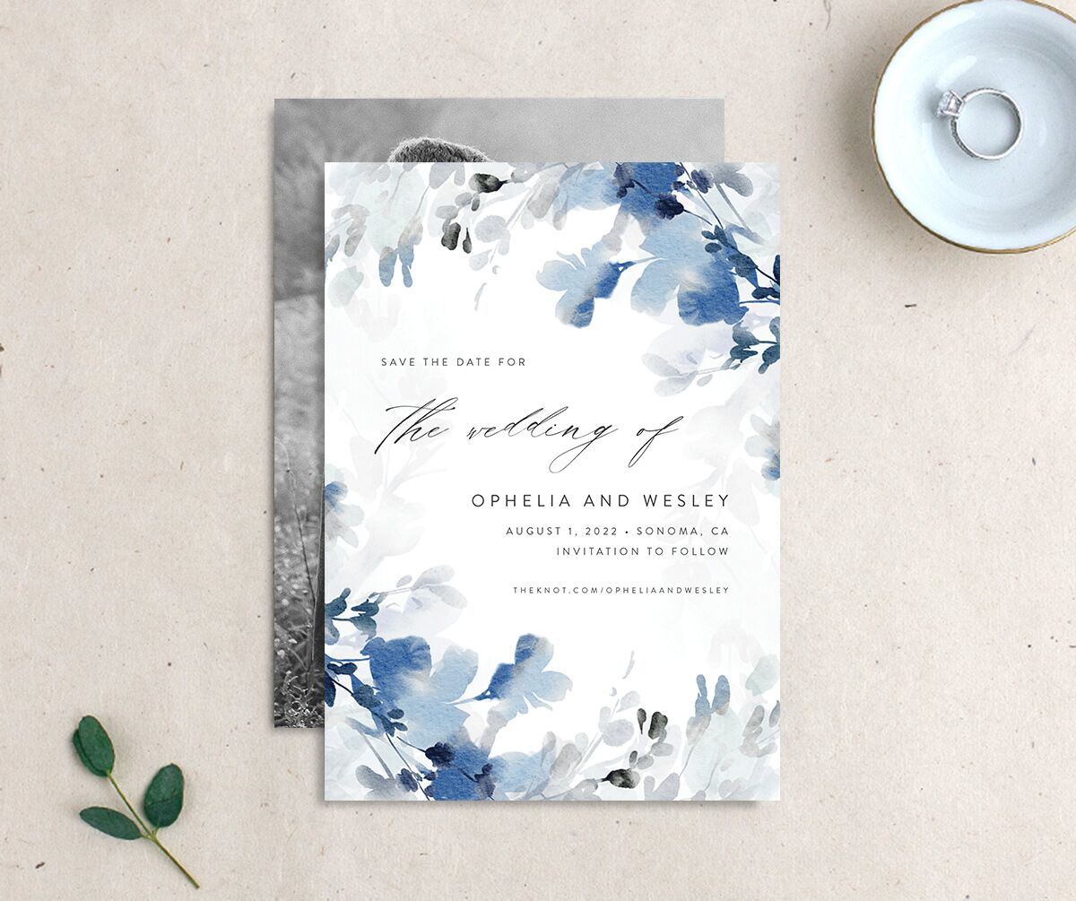 Watercolor Blooms Save The Date Cards front-and-back in blue