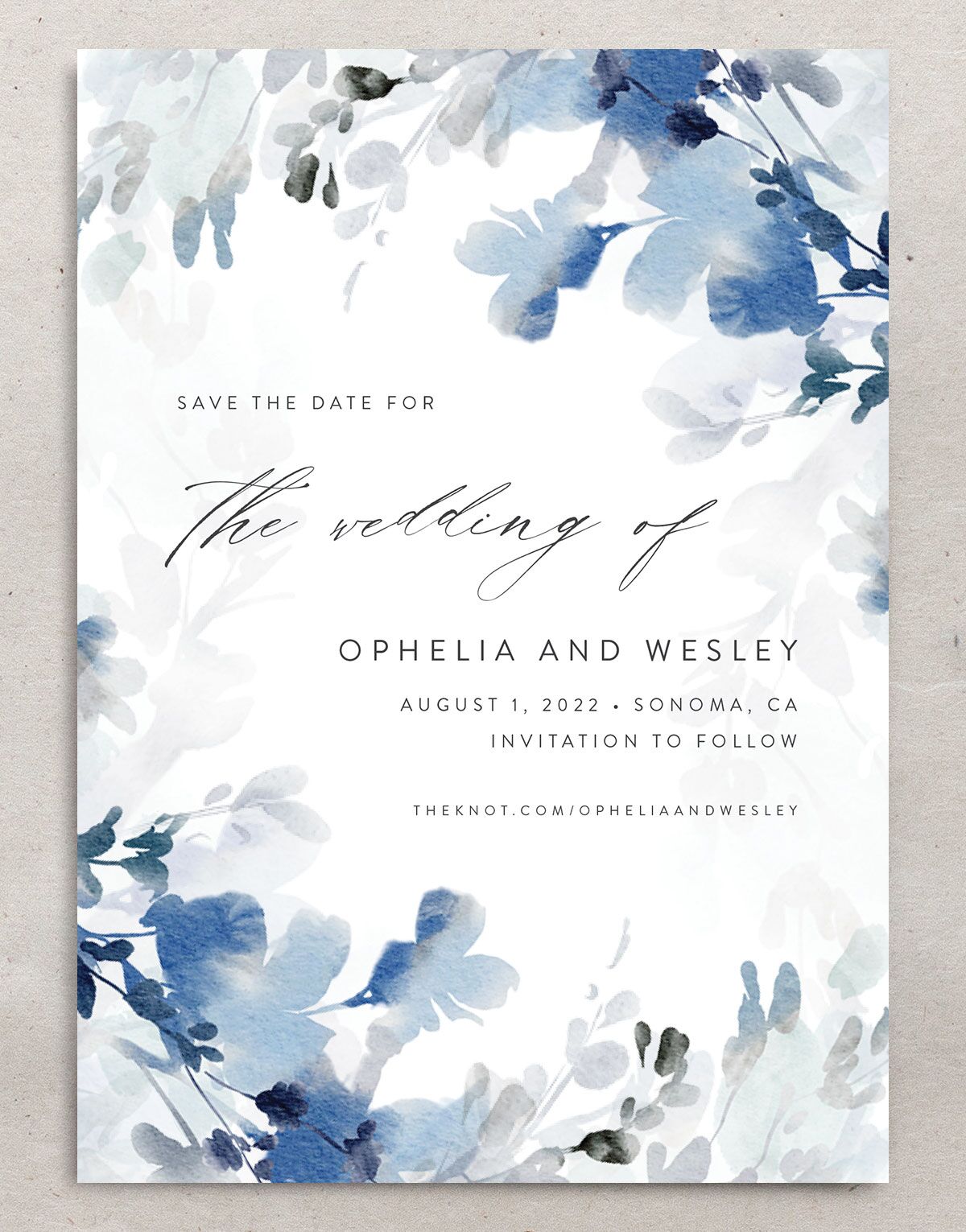 Watercolor Blooms Save The Date Cards front in blue