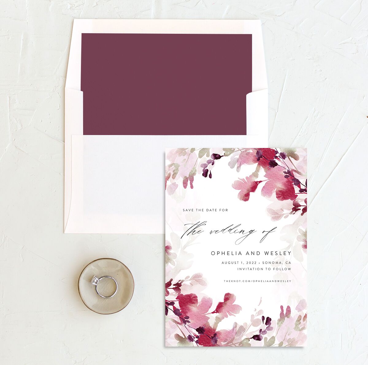 Watercolor Blooms Save The Date Cards envelope-and-liner in burgundy