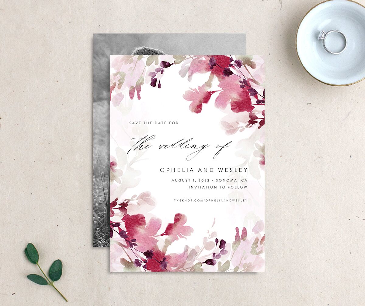 Watercolor Blooms Save The Date Cards front-and-back in burgundy
