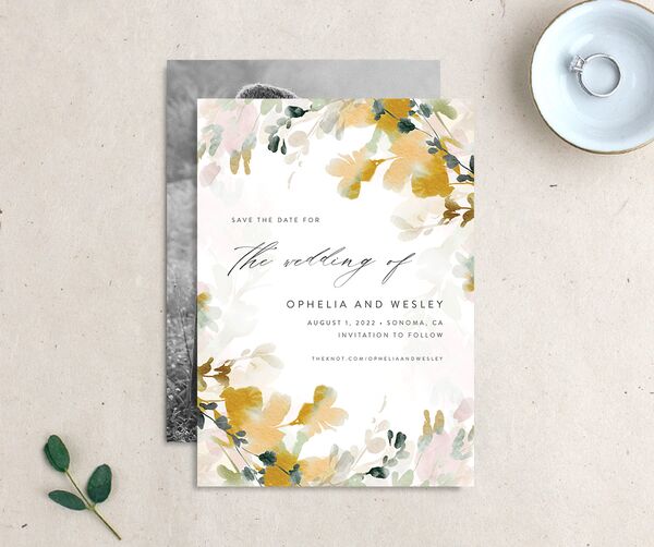 Watercolor Blooms Save The Date Cards front-and-back in Gold