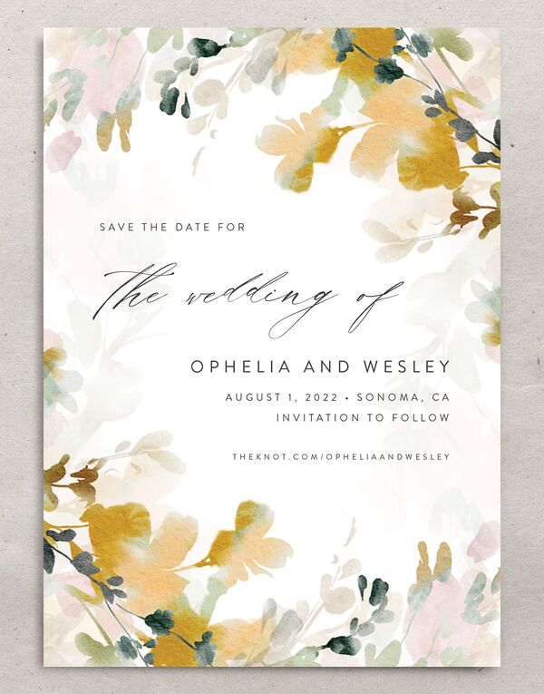 Watercolor Blooms Save The Date Cards front in Gold