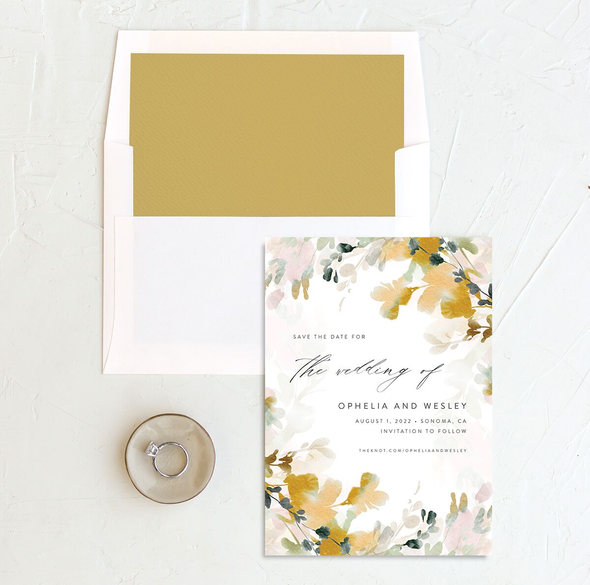 Watercolor Blooms Save The Date Cards envelope-and-liner in gold