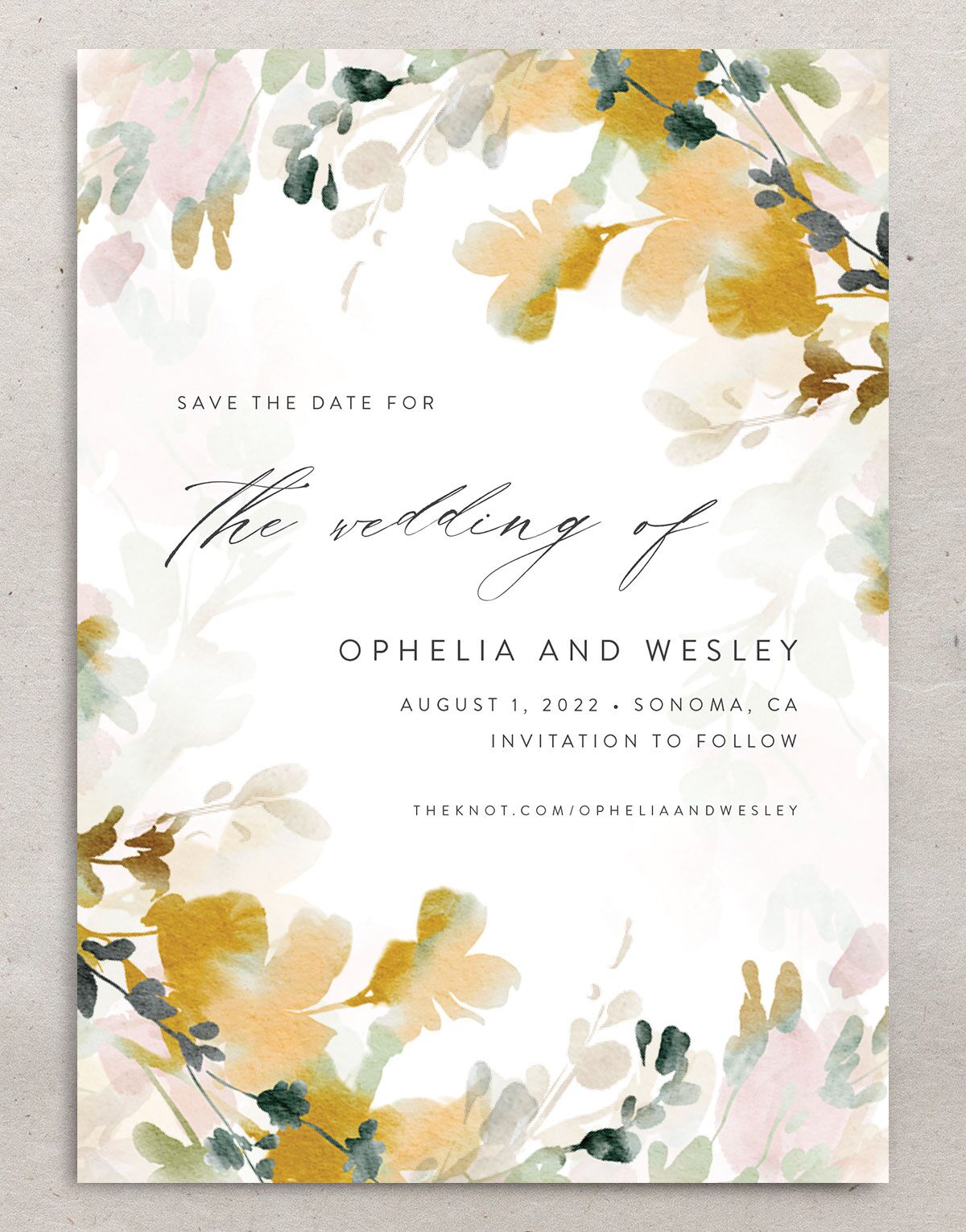 Watercolor Blooms Save The Date Cards front in gold