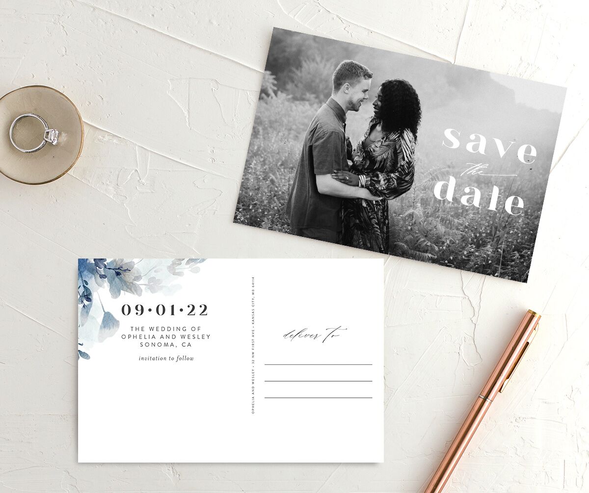 Watercolor Blooms Save The Date Postcards front-and-back in blue