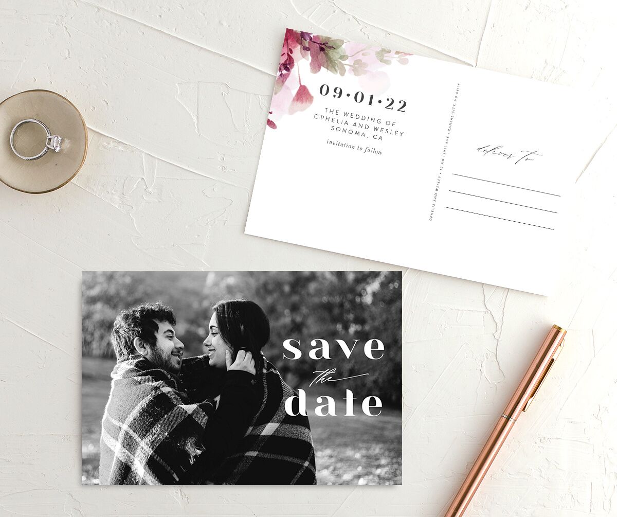 Watercolor Blooms Save The Date Postcards front-and-back in burgundy