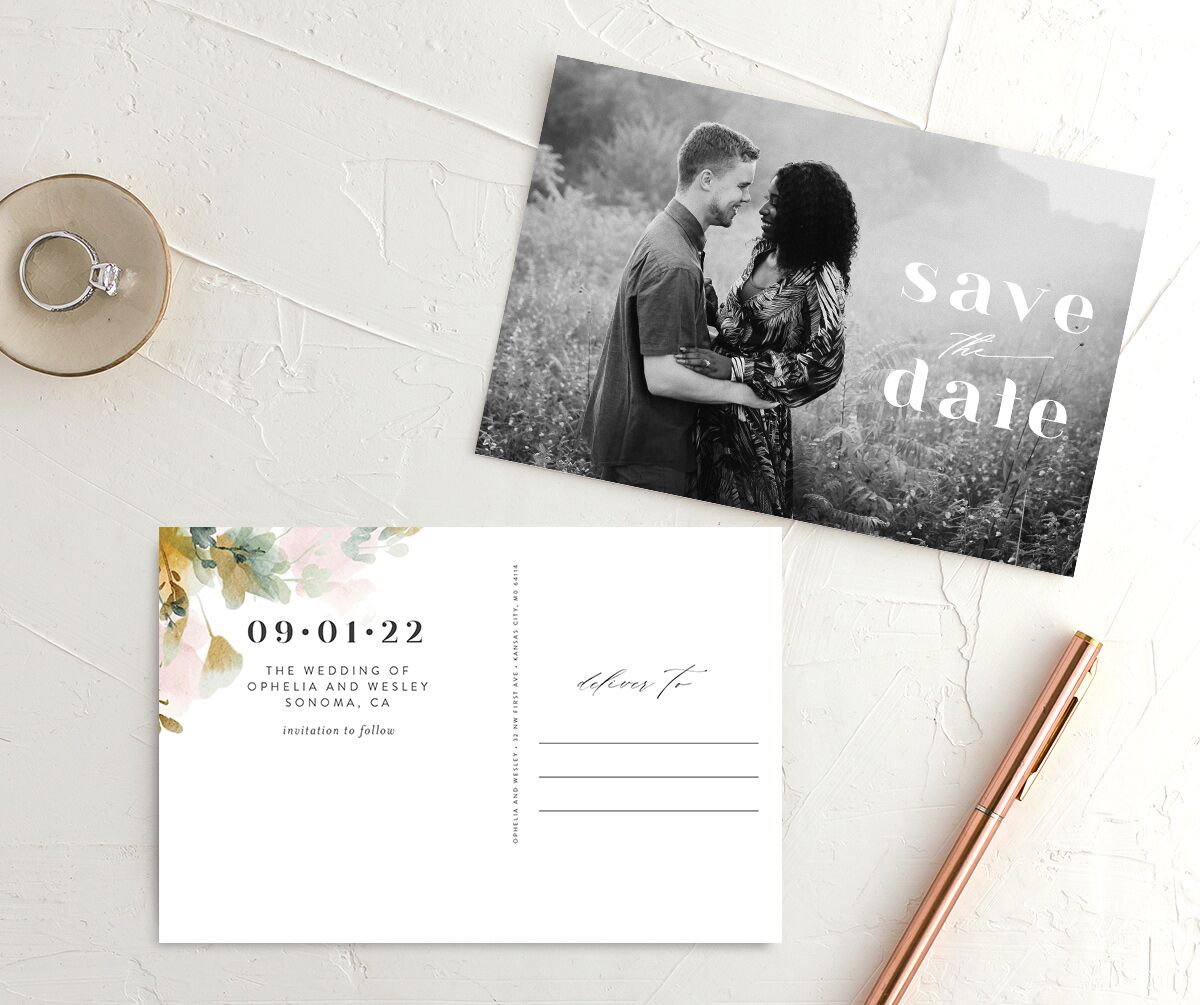 Watercolor Blooms Save The Date Postcards front-and-back in Gold