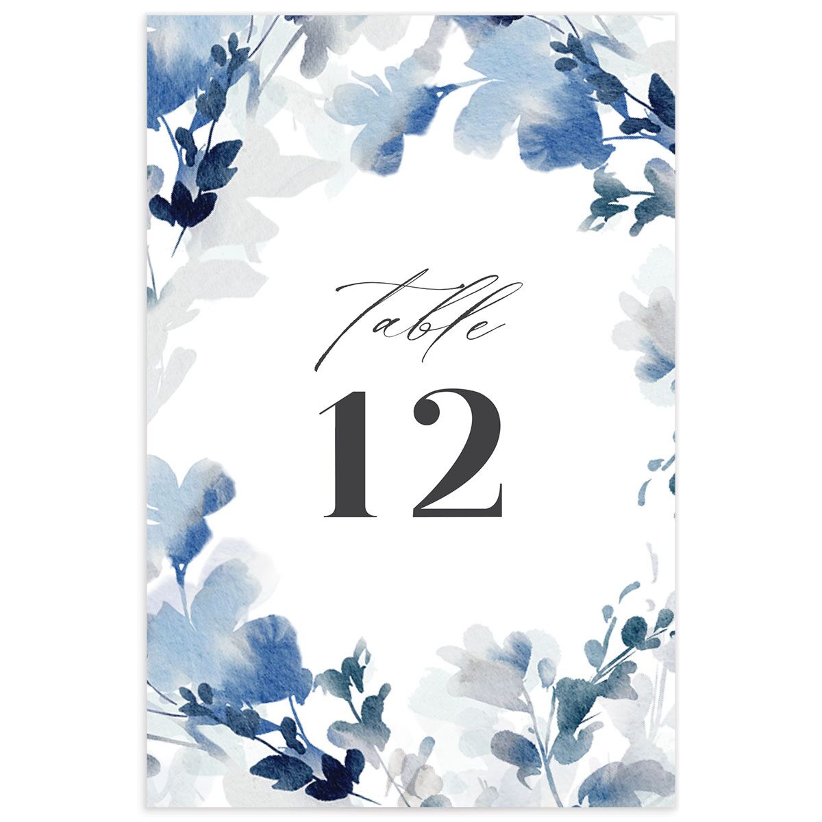 Watercolor Blooms Table Numbers front in blue